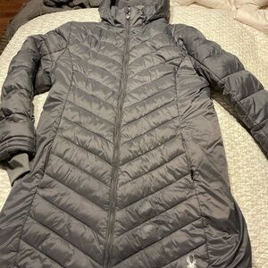 Spyder Long Hooded Quilted Puffer Jacket in Gray